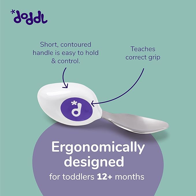 doddl Toddler Utensils, Ergonomic Fork Spoon and Knife Set for Self Feeding, Stainless Steel Silverware for 1-3 Year Olds, BPA Free, Dishwasher Safe (Aqua)