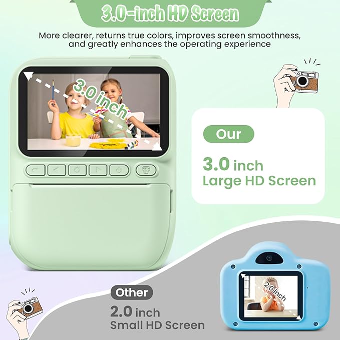 Kids Camera Instant Print, 3.0" HD 32MP 1080P Toddler Digital Camera with 3 Rolls of Printer Paper, Birthday Gifts Toy for 3-12 Year Old Girls Boys with 32GB SD Card-Green