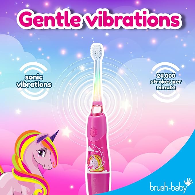 Brush-Baby - KidzSonic Unicorn Kids Electric Toothbrush, Ages 3+ Years - DeepClean Bristles, Suction Base - Fun Design with Flashing Lights - 2 x Replacement Heads & 1 x AAA Battery