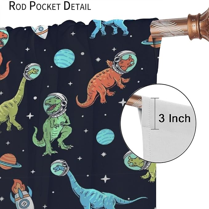 Cartoon Dinosaur Curtains for Kids Boys Girls Home Decor, Astronaut Rocket Funny Outer Space Blackout Rod Pocket Window Drapes for Bedroom Living Room W36xL63in 2 Panels