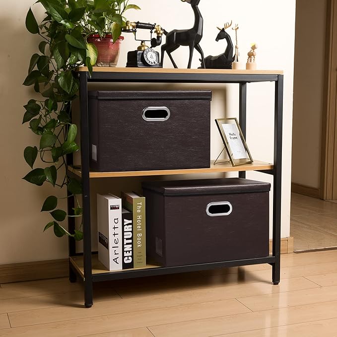 PRANDOM Large Stackable Storage Boxes with Lids [5-Pack] Leather Fabric Foldable Storage Bins Organizer Containers Baskets Cubes with Cover for Bedroom Closet Office Nursery Brown(17.7x11.8x11.8)