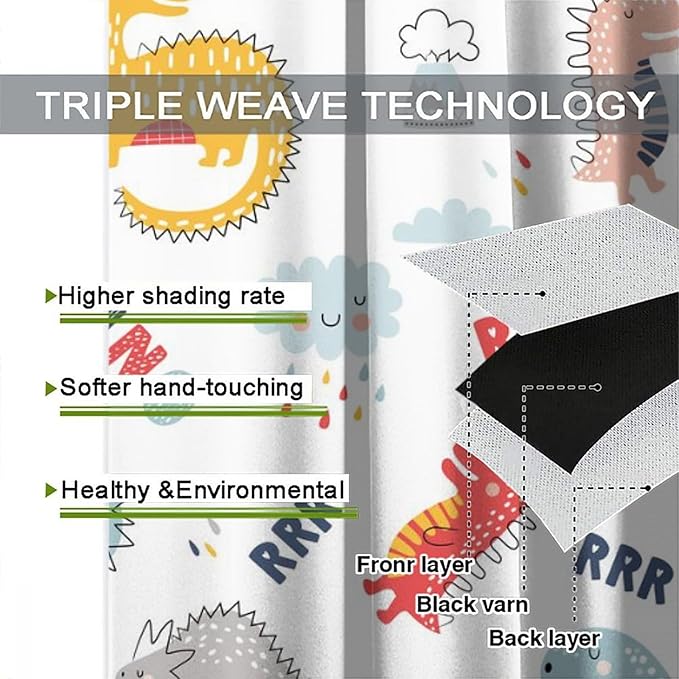 Cartoon Dinosaur Curtains for Kids Boys Girls Home Decor Colorful Cute Dino Animals Print Pattern Rod Pocket Blackout Window Drapes for Nursery Baby Bedroom Playroom W31.5xL63in 2 Panels