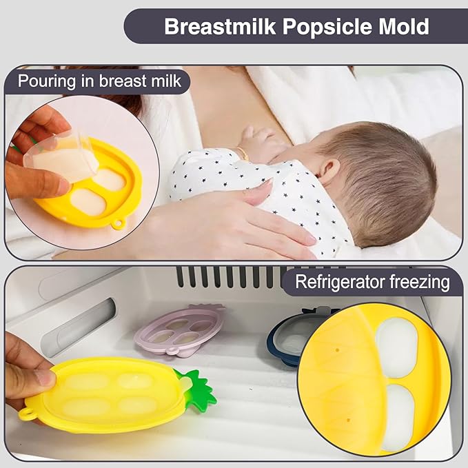 Baby Fruit Food Feeder - Silicone Nibble Tray Combo - Breastmilk Popsicle Mold for Cooling Relief, BPA Free Mesh Feeder for Infant Self Feeding (Claw Blue + Pineapple)