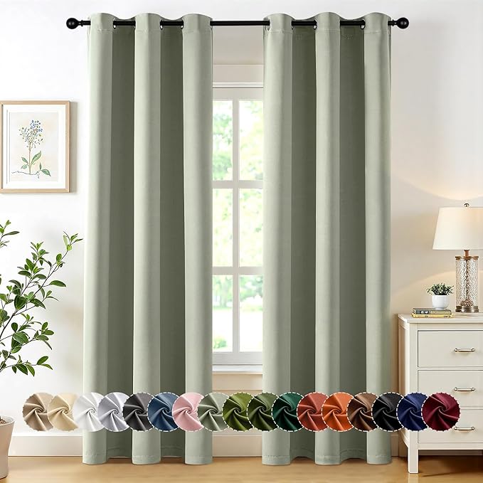 MIULEE Sage Green Blackout Curtains for Bedroom Living Room 86 Inches Long 2 Panels, Thermal Insulated Room Darkening Drapes Solid Grommet Top Noise Reducing Light Green Window Treatments 40x86 Inch