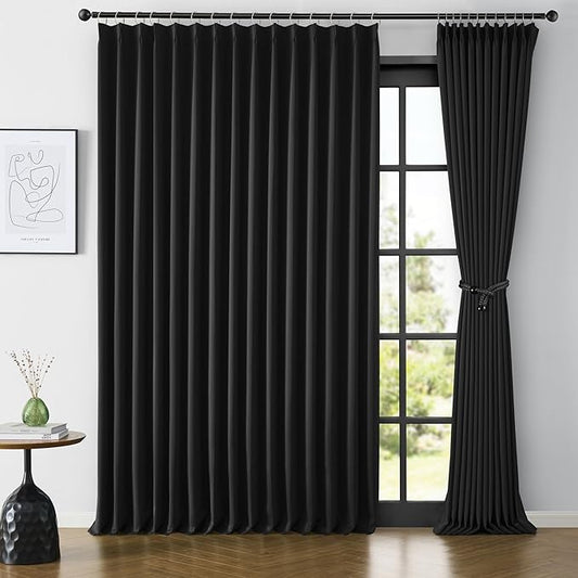 KEQIAOSUOCAI Extra Wide Black Pinch Pleated Curtains 100 x 95, Thermal Insulated Noise Cancelling Living Room Drapes 95 Inches Long, Patio Sliding Glass Door Window Curtain 2 Panels