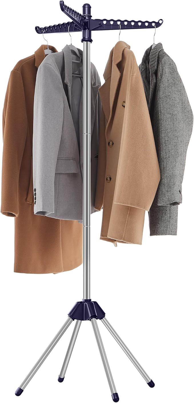 SONGMICS Clothes Drying Rack, 59-Inch High Folding Laundry Drying Rack with 3 Rotatable Arms for Hangers, 4 Legs, Stainless Steel, for 27 Pieces of Clothes, Blue and Silver ULLR510Q01