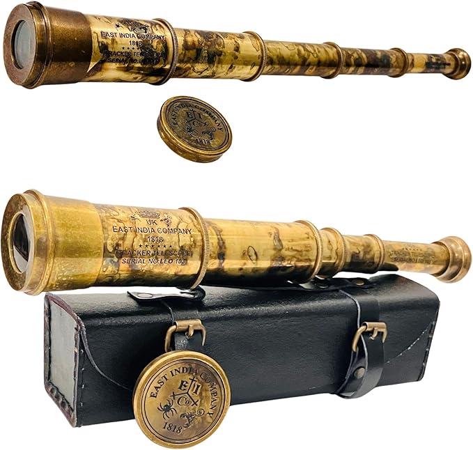 Rare Brass Telescope Spyglass - East India Company 1818 Tracker Vintage Pirate Spyglass Scope Antique Large Handstitched Leather Gift Box (BT-EIC17)