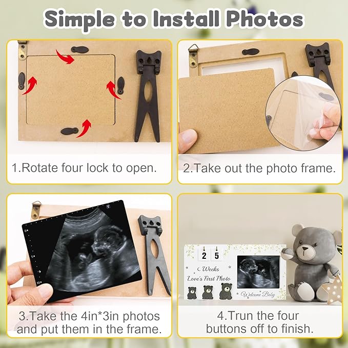 Ultrasound Picture Frames with Countdown Weeks, Baby Sonogram Picture Frame with Plant Prints for Standard 4" x 3" Love's First Ultrasound Photo, Pregnancy Announcement, Gender Reveal Baby-Shower Gift