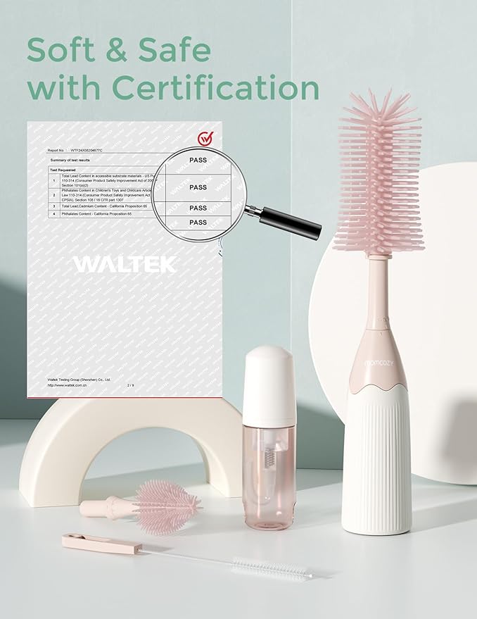 Momcozy Bottle Brush Kit, Innovative Push-Press Design for Better Cleaning - Baby Bottle Cleaner Brush for Baby Bottle, Breast Pumps, Nipples, and More - Can Generate Foam for Better Cleaning, Pink