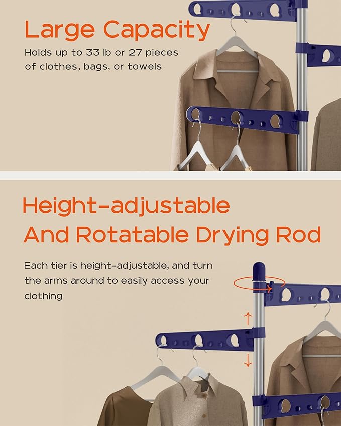 Clothes Drying Rack Foldable, 70.9 inch Tripod Drying Rack for 35 Pieces of Clothes, with Height-Adjustable Rotatable Clothes Rails, Space Saving, Stainless Steel, Blue and Silver CDR005Q01