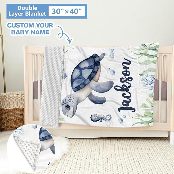 Personalized Baby Crib Bedding Set, 5 Pcs Custom Name Baby Bedding Set, Double Layer Nursery Bedding Set, Ocean Animal Baby Crib Set for Girls Boys, Gift for Toddler Infant Baby New Parents