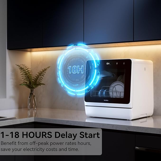 Hermitlux Countertop Dishwasher, 7 Washing Programs Portable Mini Dishwasher with 5-Liter Built-in Water Tank for Apartments & RVs, LED Light, Glass Door, No Hookup Needed