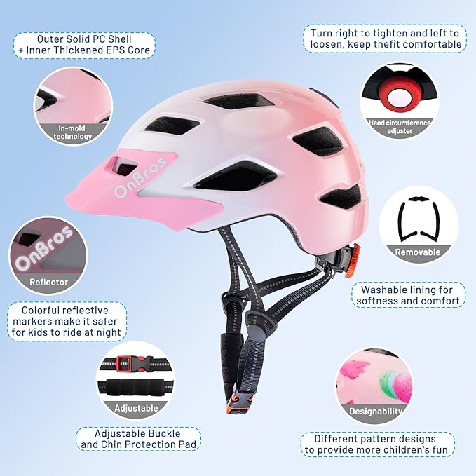 OnBros Kids Bike Helmet - Bike Helmets for 5-14 Boys or Girls with Visor, Children Bicycle Helmet for Skateboard Mountain Scooter Road Cycling, Lightweight and Adjustable 50-57CM