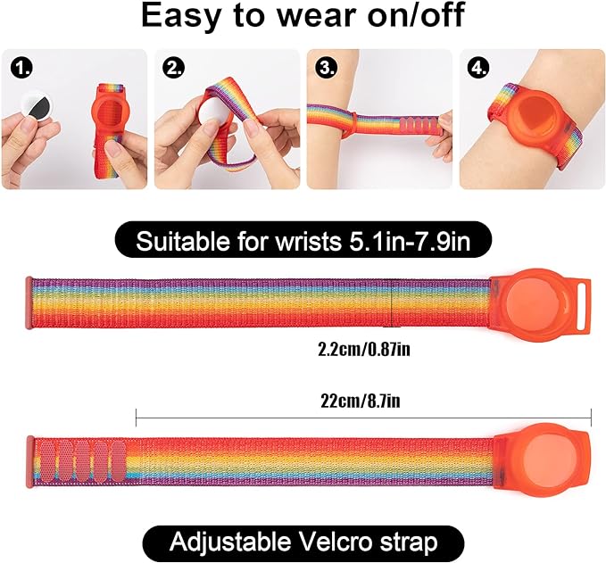 Kids Wristband Compatible with Apple AirTag, Protective Case for Air Tag GPS Tracker Holder with Nylon Bracelet, Adjustable Anti Lost Watch Band for Toddler Child Elder(Rainbow B)