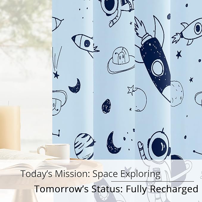 Kids Space Rocket and Astronaut Blackout Curtains - 100% Blackout, Thermal Insulated, Noise Reducing, Perfect for Kids Room and Nursery, 2 Panels (Sky-Blue Space Doodles, W52×L63)