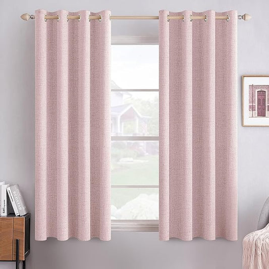 MIULEE Linen Texture Curtains for Bedroom Solid 100% Blackout Thermal Insulated Pink Curtains Grommet Room Darkening Drapes for Living Room Nursery 52x45 Inch (2 Panels)
