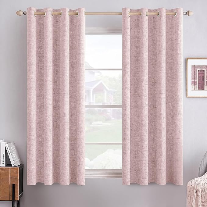 MIULEE Linen Texture Curtains for Bedroom Solid 100% Blackout Thermal Insulated Pink Curtains Grommet Room Darkening Drapes for Living Room Nursery 52x54 Inch (2 Panels)