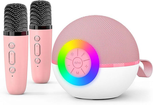 goopow Mini Karaoke Machine Speaker for Kids Adults, Portable Bluetooth Microphone Song Toys with LED Light, Best Chritmas Birthday Festival Gift for 3 4 5 6 7 8+ Year Old Girls Boys (Pink-2Mic)