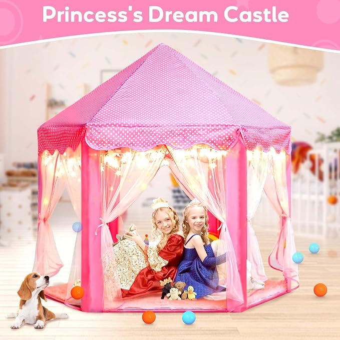 Princess Castle Tent with Rug for Girls Fairy Play Tents for Kids Hexagon Playhouse with Fairy Star Lights Toys for Children or Toddlers Indoor Games (Pink Princess Tent with Rug)