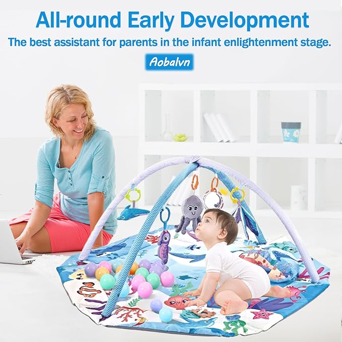 Baby Play Gym Mat,10-in-1 Tummy Time Mat,Sea World Baby Play Mat Activity Gym,Washable Foldable Baby Floor Play Mat for Infants and Toddlers from 0-6-12 Months Newborn Sensory Motor Skill Development
