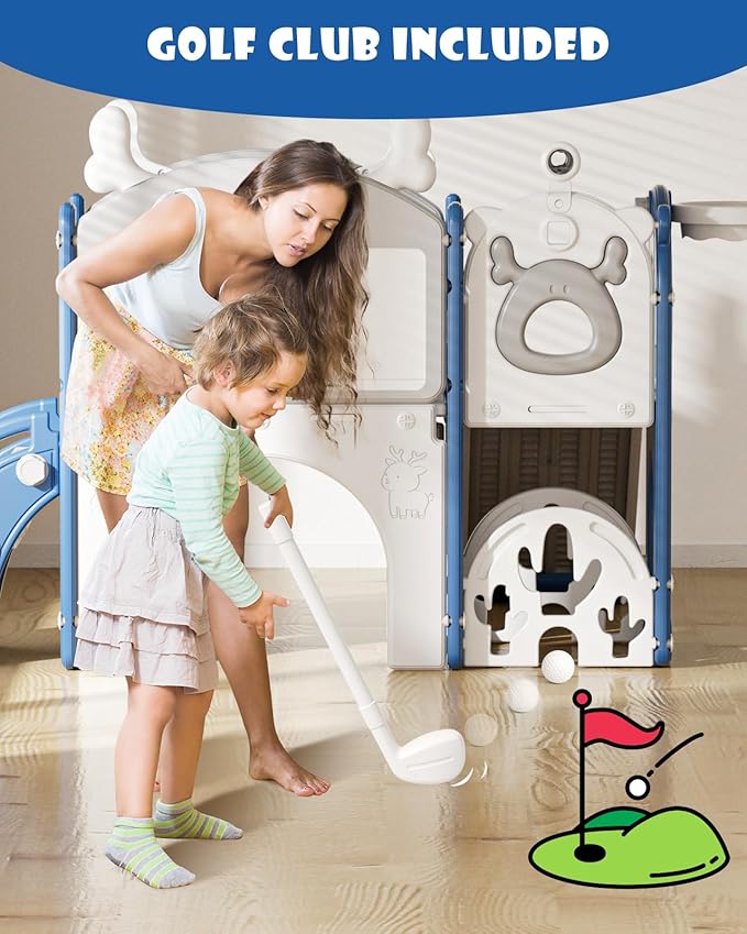 YUFU 12 in 1 Kids Slide for Toddlers, Toddler Slide Playset with Golf, Drawing Board, Climber, Basketball Hoop and Storage Space, Indoor Outdoor Toddler Playground for Kids Age 1-3 (Blue)