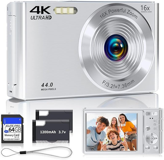 Digital Camera, 2025 4K 44MP Autofocus Digital Cameras for Teens, Silver Point and Shoot Camera for Kids with 16X Zoom, 64GB SD Card, Compact Small for Boys Girls Teens Kids Gift