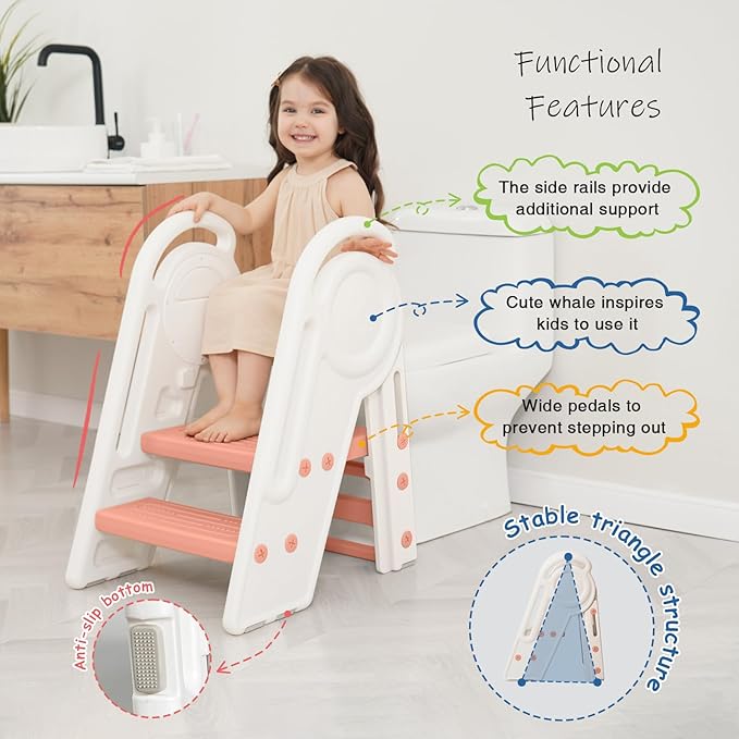 Pink 3 Step Stool for Toddlers Girls, Foldable 2 Step Stool for Kids Bathroom Sink Toilet Potty, Collapsible Heavy Duty Child Learning Kitchen Tower with Rails for Counter Bed Bedroom
