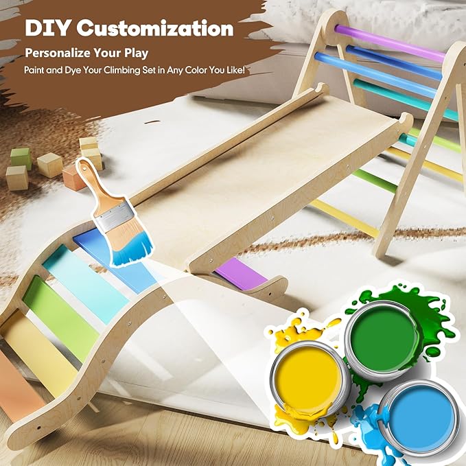 Pikler Triangle Set 7in1 Toddler Climbing Toys Indoor Foldable Baby Climbing Toys Wooden Montessori Climbing Set with Arch, Ramp, Ladder for 1-3 Years, Jungle Gym for Kids (Natural)