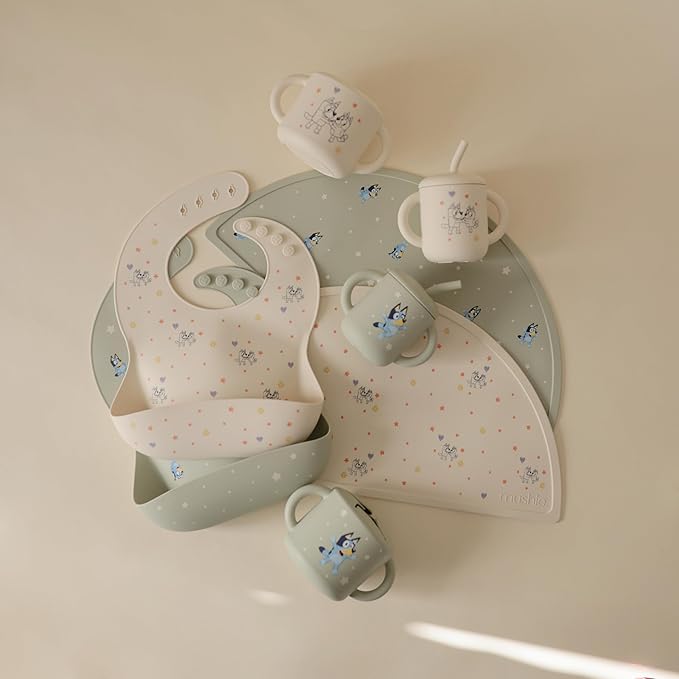 mushie x Bluey Silicone Baby Bib | Adjustable Fit Waterproof Bibs (Bluey Ivory)