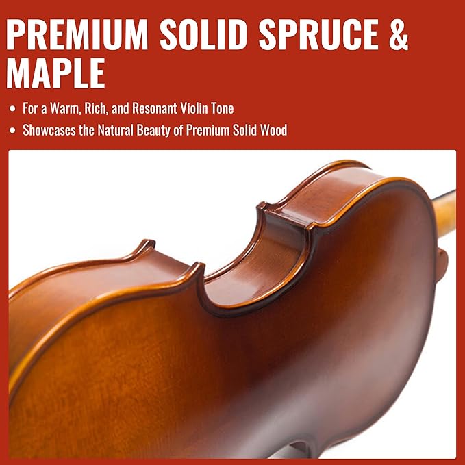 1/4 Size Violin for Kids, Beginners, Students, Solid Spruce Top, Maple Back Fiddle with Brazilwood Bow, Tuner, Hard Case, Shoulder Rest & More, Perfect Handcraft Gift