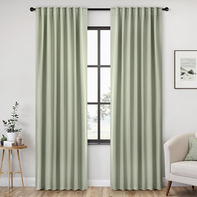 ANRODUO Sage Green Room Darkening Curtains 84 Inch Long 2 Panels Set Thermal Insulated Blackout Drapes with Hooks, Rings, Clips - Light Blocking & Soundproof, Soft Fabric Machine Washable
