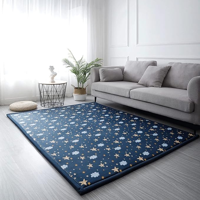 Loartee Coral Velvet Area Rug - 1" Thick Memory Foam Baby Play Mat, Washable Toddler Carpet, Home Decor for Living Room, Nursery, Kids Bedroom, Starry Blue, 5'11"x6'7"