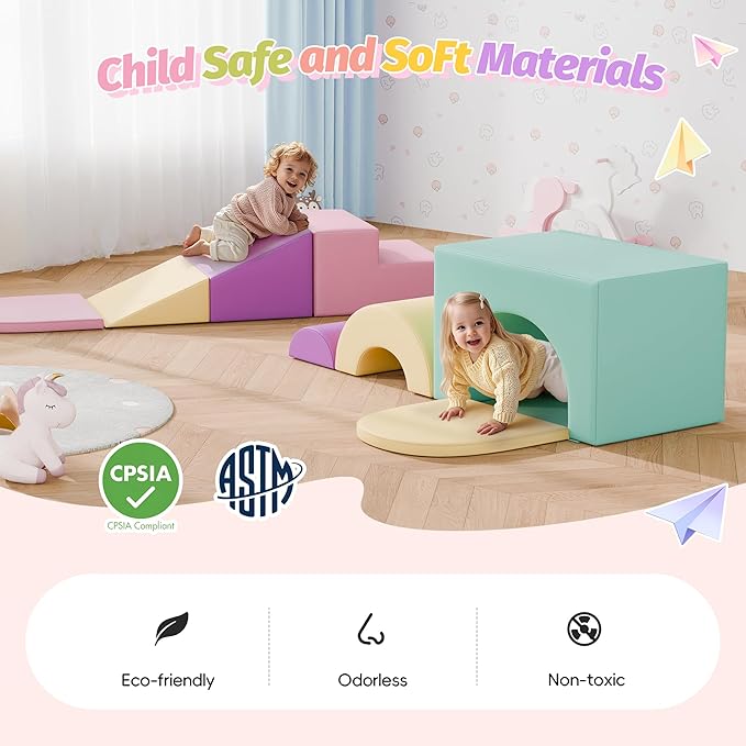 ‌Soft Climbing Toys for Toddlers, 7-Piece Baby Soft Foam Climbing Blocks, PU Leather Gym Climb and Crawl Activity Play Set, Indoor Climbing Toys for Kids and Children, Pink