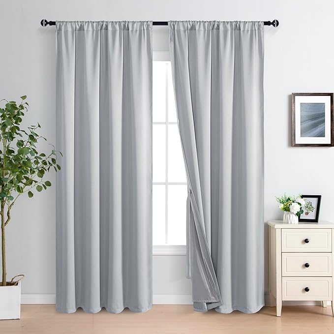 XWZO 100% Blackout Curtains - Heat and Full Light Blocking Drapes with Black Liner for Bedroom/Laundry Room, Rod Pocket Window Panels with Tiebacks, Light Grey, W60 x 84, Set of 2