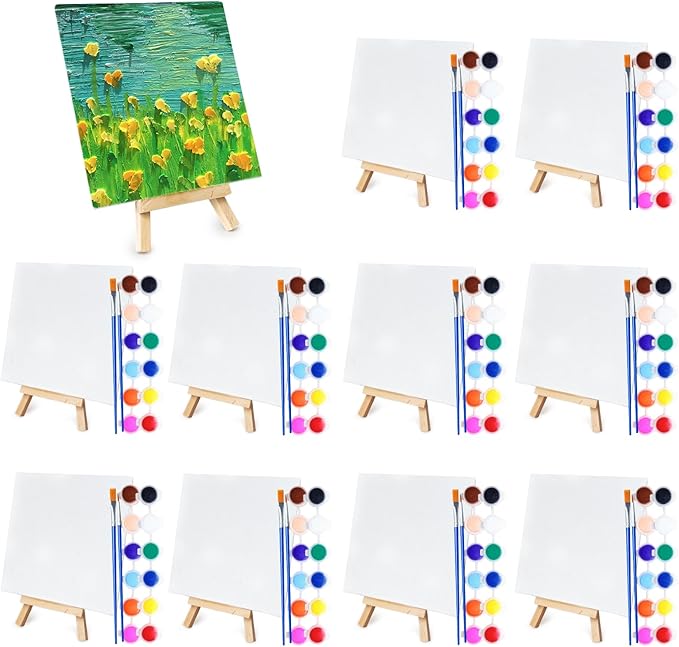 10 Set Mini Acrylic Paint Kit, 5.9In Canvas Boards for Painting with 6.5" Easel, Acrylic Paint Strips, Painting Brushes, Mini Canvas and Easel Set for Kids Artists Beginner Gift Party (160)
