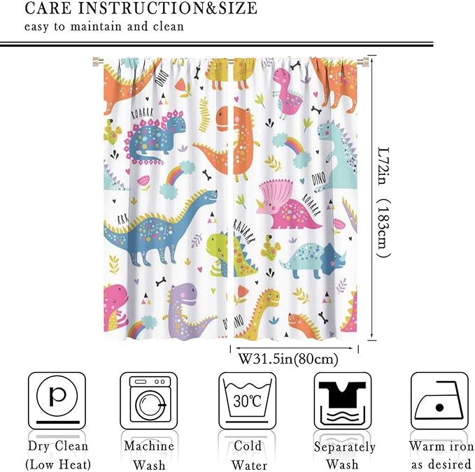 Cartoon Dinosaur Curtains for Kids Boys Girls Home Decor Childish Cute Dino Animals Print Pattern Rod Pocket Blackout Window Drapes for Nursery Baby Bedroom Playroom W31.5xL72in 2 Panels