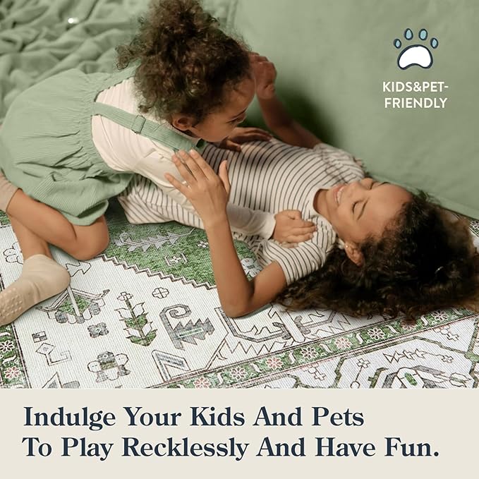 Lahome Boho Indoor Rugs for Entryway - 2x3 Area Rug Non-Slip Backing Washable Inside Door Mats Low-Profile Throw Rugs for Bathroom, Vintage Print Distressed Rug for Kitchen Bedside (Green, 2'x3')