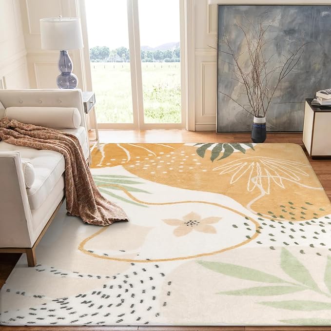 Lahome Boho Area Rugs for Living Room 9x12 - Washable Non-Slip Large Rug for Dining Room, Ultra-Thin Neutral Taupe Botanical Print Soft Carpet for Bedroom Nursery