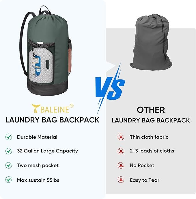 BALEINE 150L Laundry Bag Backpack, 900D Oxford Fabric Large Travel Laundry Bags with Shoulder Straps and 2 Mesh Pockets for College Dorm, Apartment, Laundromat (Dark Grey, 150L)