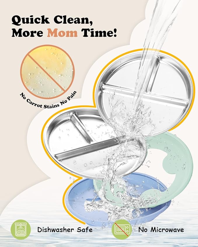 Stainless Steel Toddler Suction Plate with Lid, Deepened 9" Divided Plates with Removable Silicone Sleeves for Kids, Non Toxic Unbreakable Snack Dishes Set of 4, Sage Blue Gray Navy