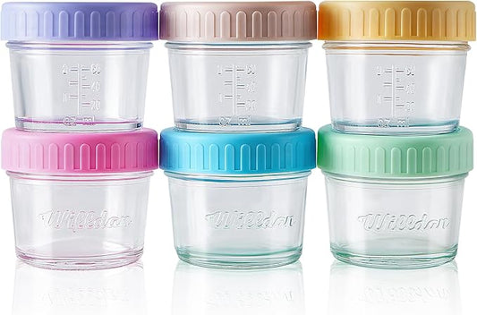 WILLDAN Glass Baby Food Storage Jars w/Lids (4 oz, 6 Pack Set) Snack, Puree, Reusable Small Containers, Breast Milk, Fridge or Freezer, Microwave & Dishwasher Safe, Essential Must Have for Infants