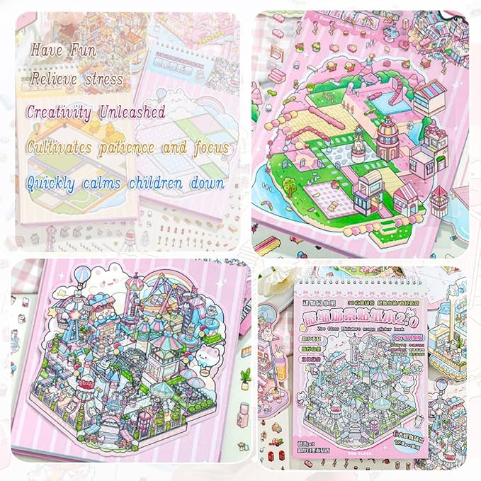 Sticker Therapy 3D Scene – 6 Sets Large Size DIY 3D Sticker Scenes with Tweezer for Adults Kids Relief Stress Pass The Time, Cute Miniature House Room Material Collection Book 02