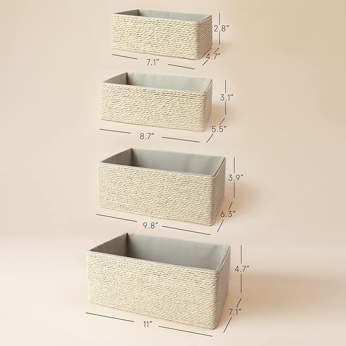 Storage Baskets Set 4 - Stackable Woven Basket Paper Rope Bin, Storage Boxes for Makeup Closet Bathroom Bedroom (Beige)