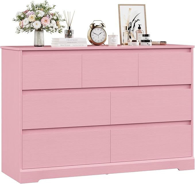 Dresser for Bedroom, Modern Pink Dresser, Wood Chest of Drawers Nursery Dressers, with Storage, 7 Drawer Double with Handle Free, Large Storage Organizer for Living Room,Pink