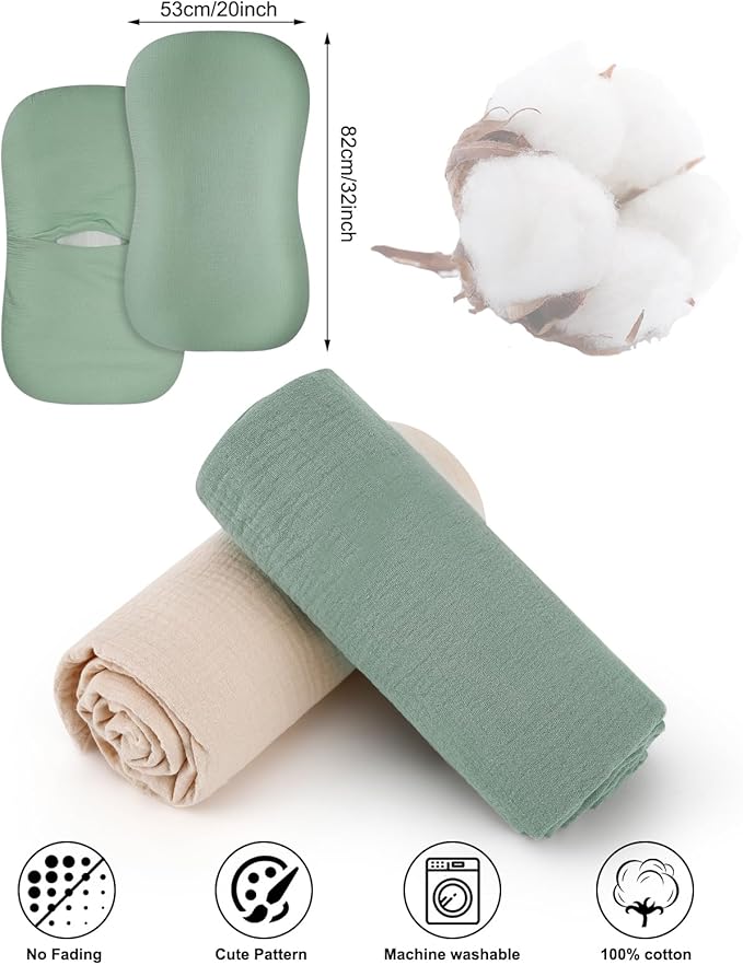 Muslin Baby Lounger Cover for Snuggle Me Organic Lounger/Baby Lounger/Organic Cotton Handmade Cover for Infant/Toddler Lounger/Nursing Pillow(Green, Wheat)