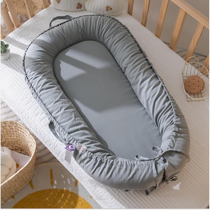 Infant Lounger, Baby Nest Cover for Baby Girls & Boys, Newborn Essentials for Baby 0-12 Months, 100% Cotton Breathable, Co Sleeper Portable Travel Bed (SlateGray, Cotton)