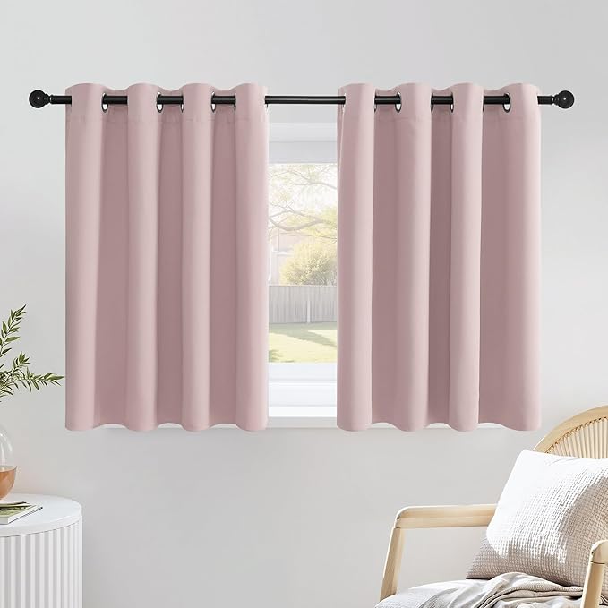 NICETOWN Blush Pink Short Curtains for Girls Room, Grommet Kitchen Window Curtains Thermal Short Drapes Room Darkening for Cafe, 2 Panels, W52 x L36