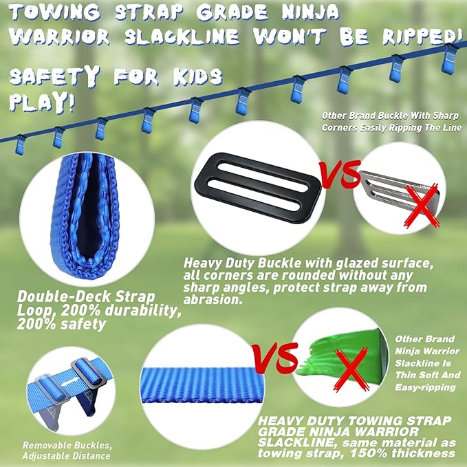 Rainbow Craft Ninja Warrior Obstacle Course for Kids - 50ft Slackline, 12 Removable Buckle Loops, 12 Ninja Attachments, Outdoor Training Equipment