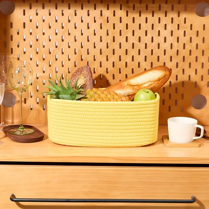 Small Storage Baskets for Organizing | Closet Organizer Bins | Shelf Toy Basket | Woven Rope Baskets | Cube Decorative Box | Shallow Basket | 13x8.5x5.1” | 4 Packs Yellow