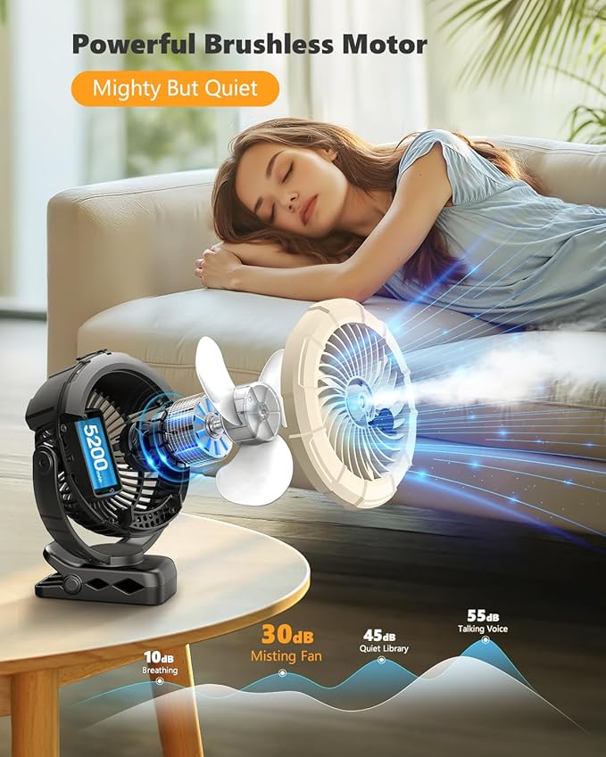 Ausic 3-in-1 Portable Clip on Fan with Misting & LED Lights & Hook, 100ML Baby Stroller Fan, 5200mAh Rechargeable Battery Operated & 360° Rotation & 3 Speeds for Table Outdoor Travel Camp Golf Cart